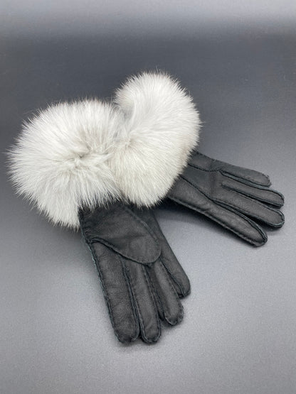 Ladies Leather Sheepskin Gloves With Fox Trim