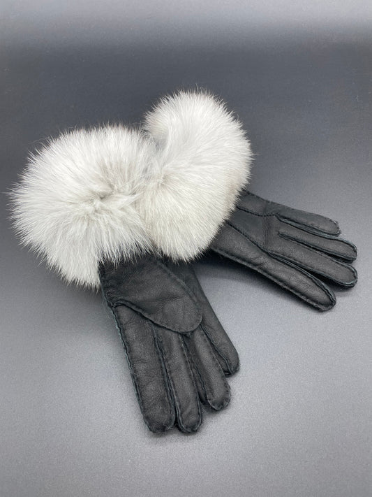 Ladies Leather Sheepskin Gloves With Fox Trim