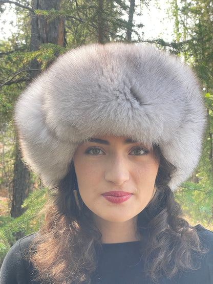 Leather Blue Fox Trapper Hat