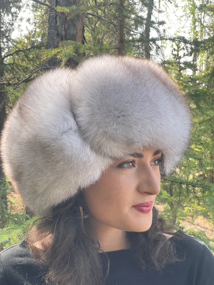 Leather Blue Fox Trapper Hat