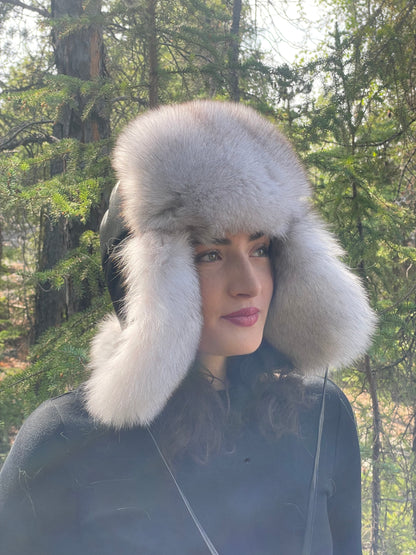 Leather Blue Fox Trapper Hat