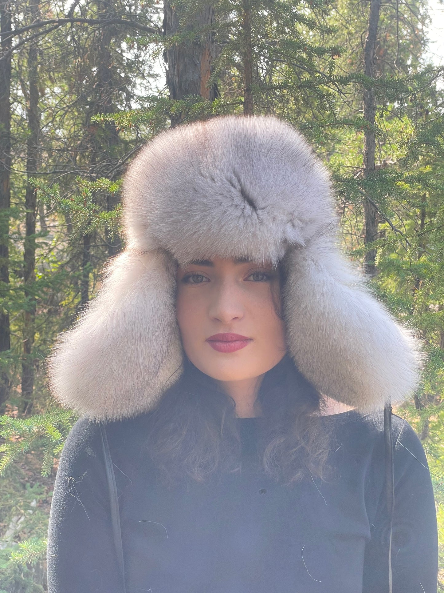 Leather Blue Fox Trapper Hat