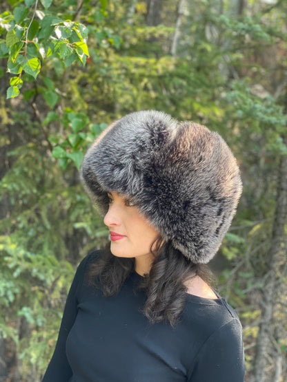 Leather Black Snow Top Fox Fur Trapper Hat