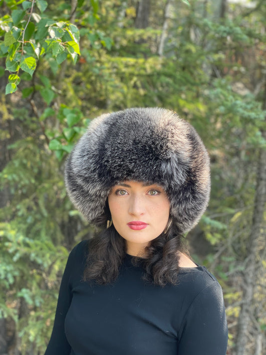 Leather Black Snow Top Fox Fur Trapper Hat