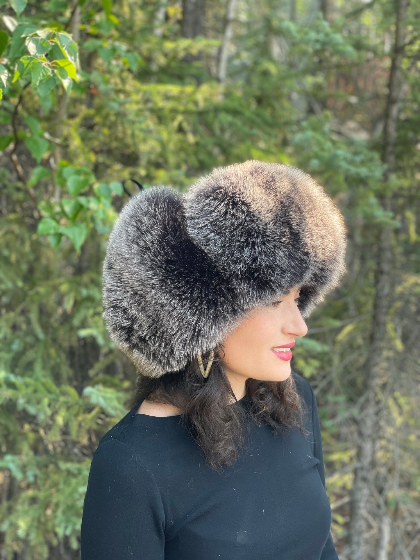 Leather Black Snow Top Fox Fur Trapper Hat