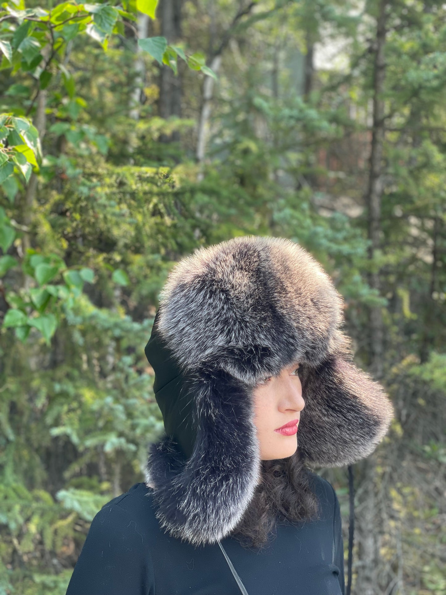 Leather Black Snow Top Fox Fur Trapper Hat