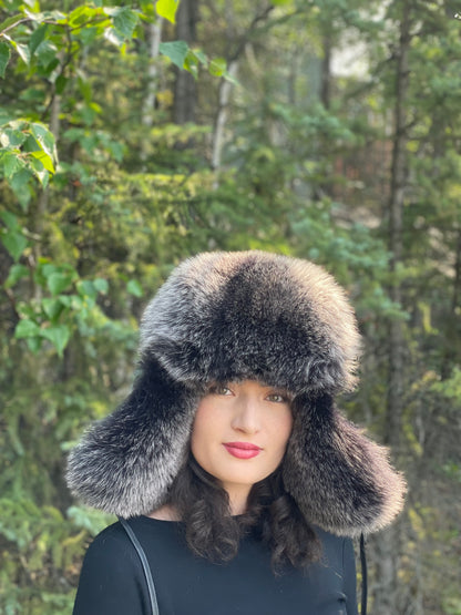 Leather Black Snow Top Fox Fur Trapper Hat