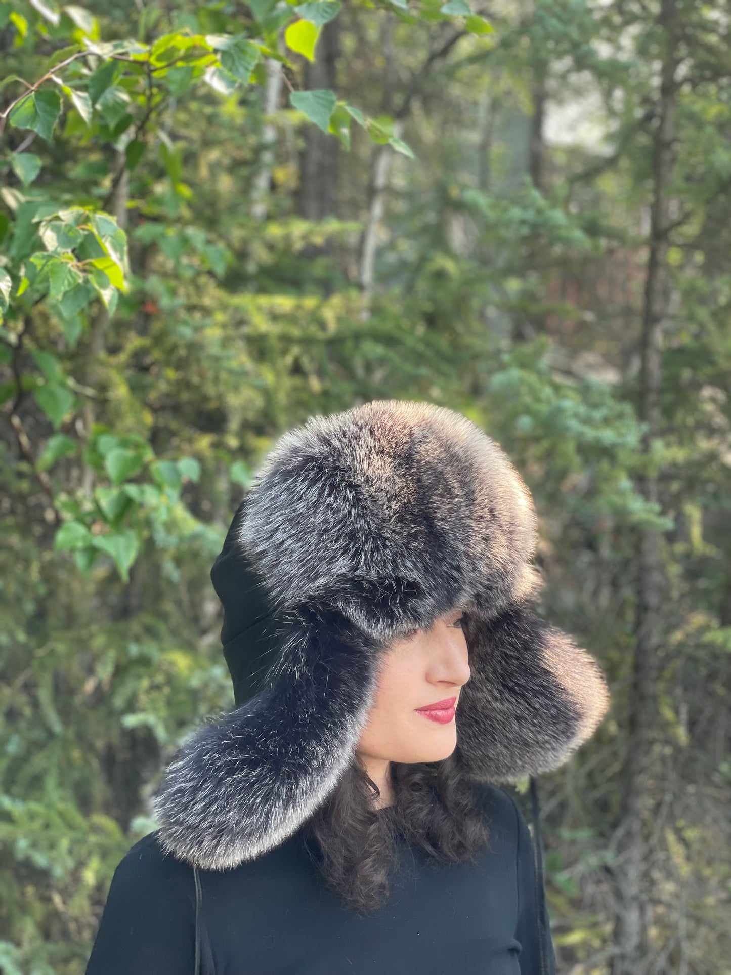 Leather Black Snow Top Fox Fur Trapper Hat