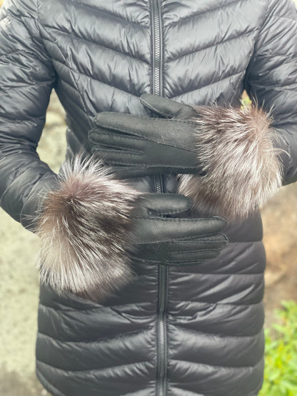 Ladies Leather Sheepskin Gloves With Fox Trim