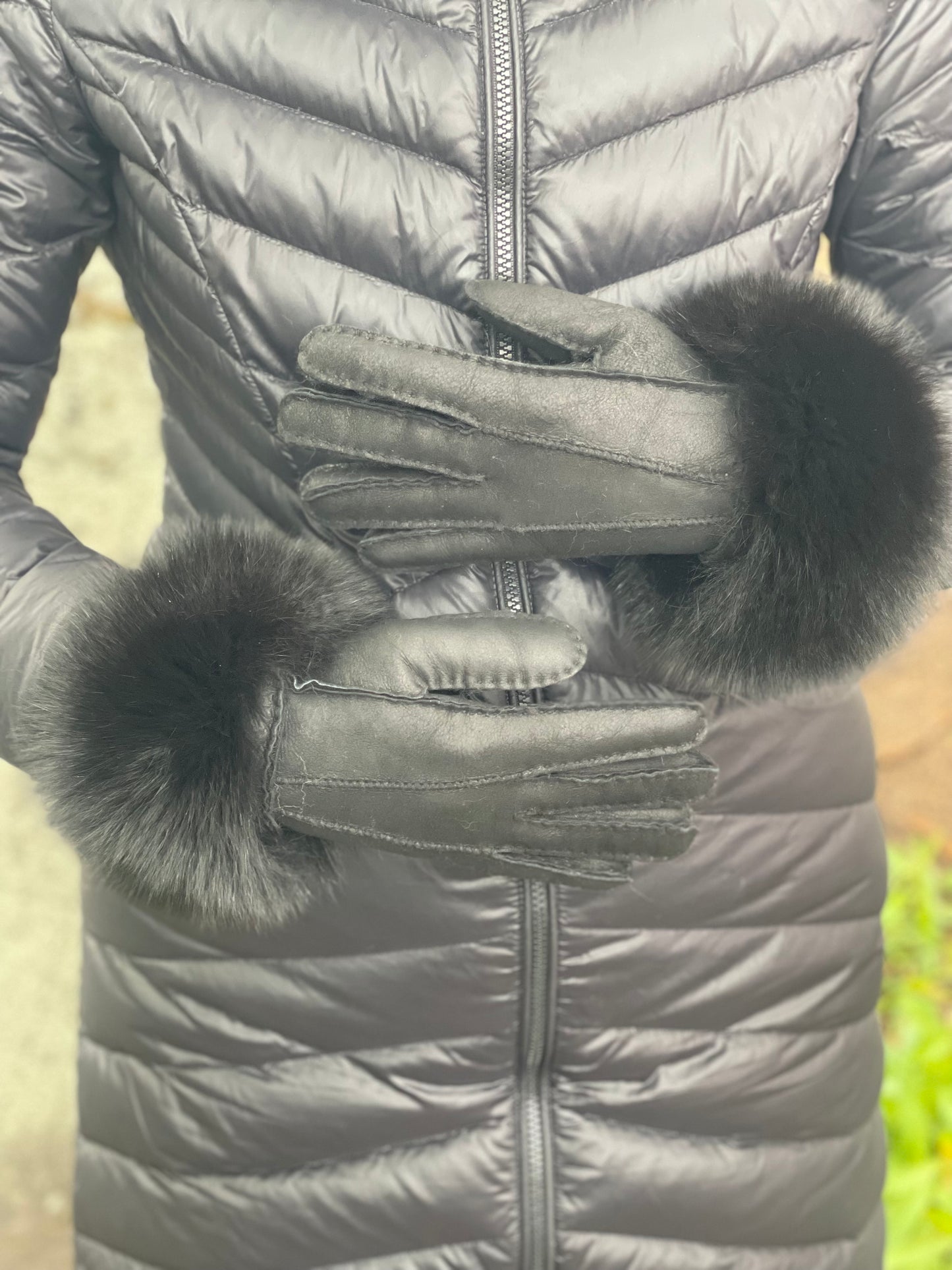 Ladies Leather Sheepskin Gloves With Fox Trim