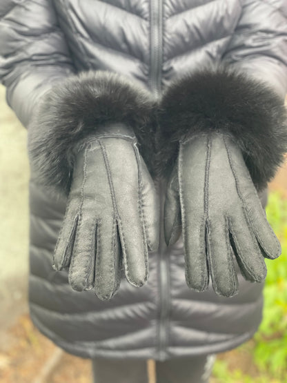 Ladies Leather Sheepskin Gloves With Fox Trim