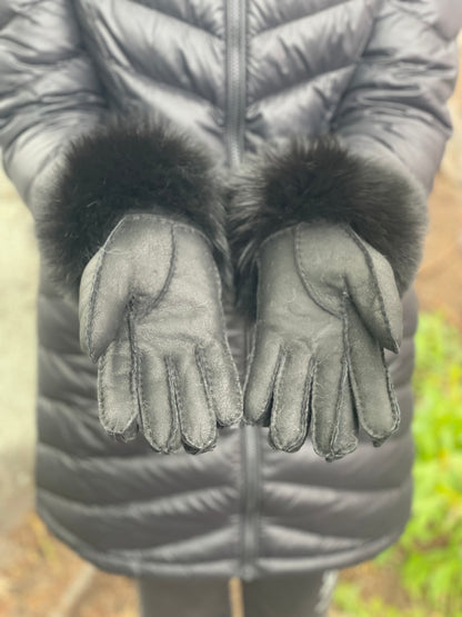 Ladies Leather Sheepskin Gloves With Fox Trim