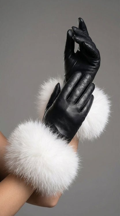 Touch Screen Leather Fox Trim Gloves