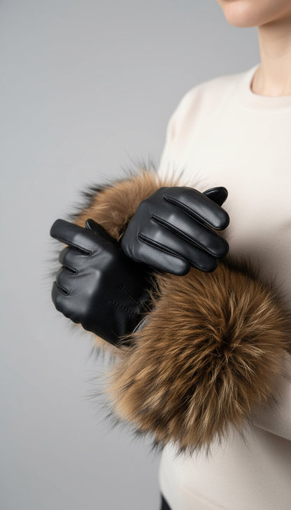 Touch Screen Leather Fox Trim Gloves
