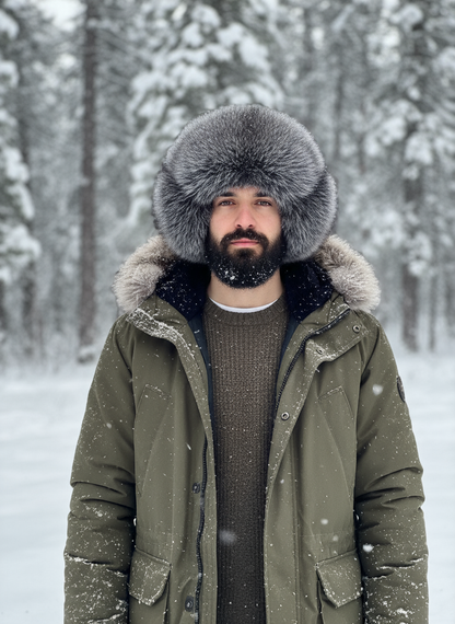Leather Black Snow Top Fox Fur Trapper Hat