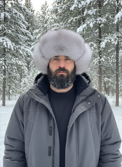 Leather Blue Fox Trapper Hat