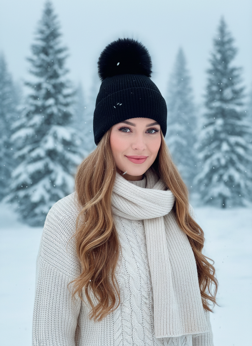 Angora Knit Toque with Fox Pom