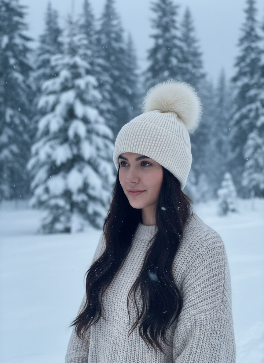 Angora Knit Toque with Fox Pom