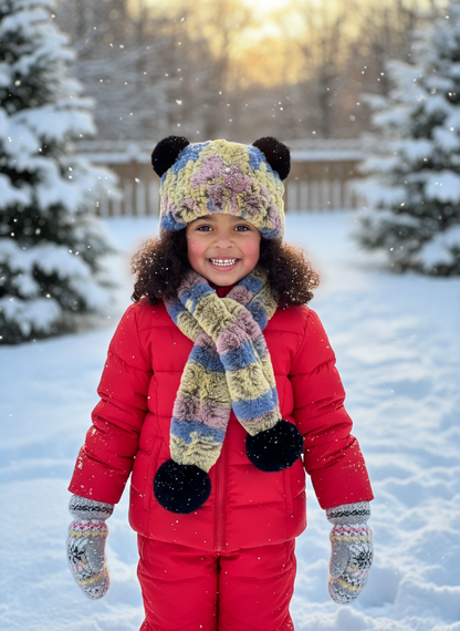 Child's Rabbit Pom Pom Hat and Scarf Set