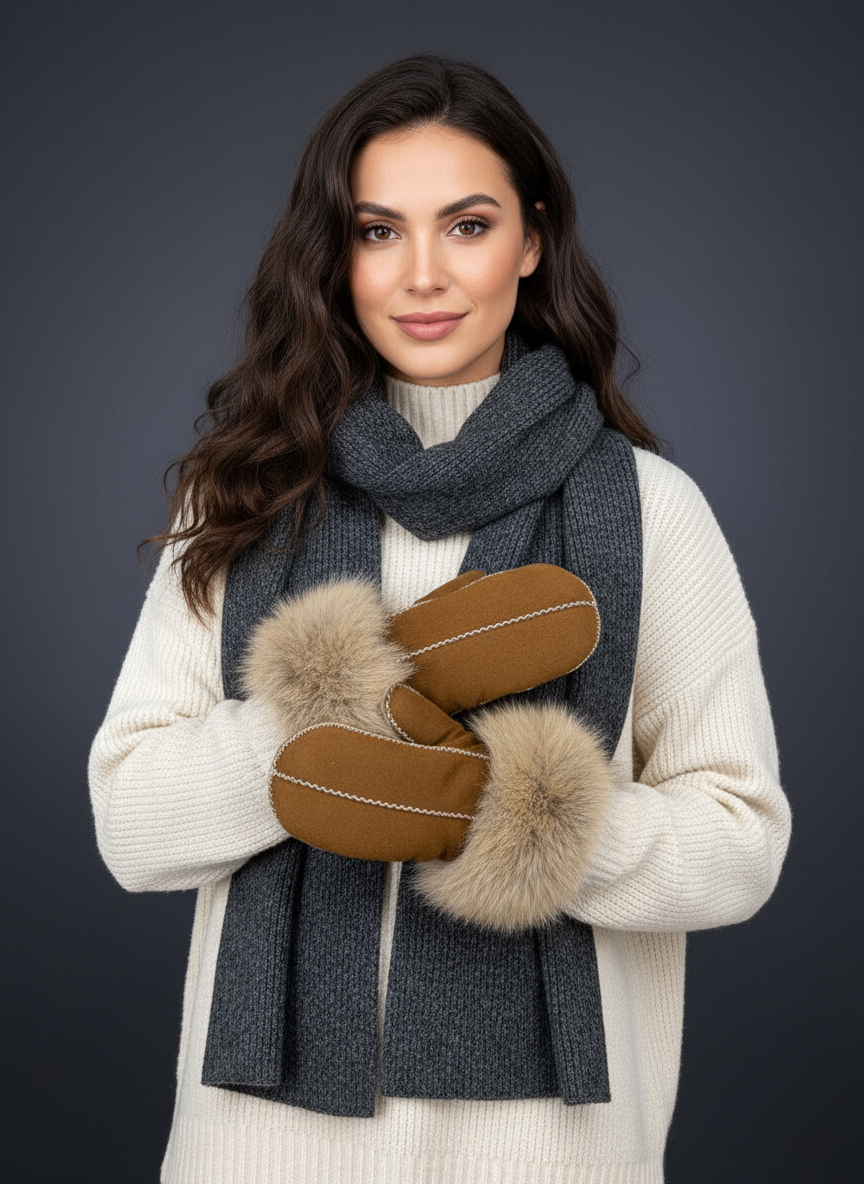 Sheepskin Mittens with Fox Trim