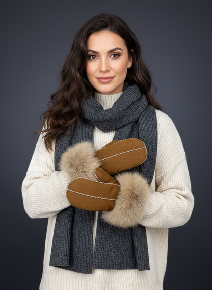 Sheepskin Mittens with Fox Trim
