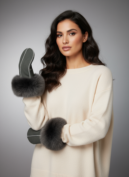 Sheepskin Mittens with Fox Trim